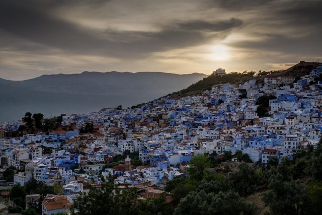 sunset, city, nature, buildings, mountains, houses, residential area, distant view, dusk, twilight, sky, chefchaouen, morocco
