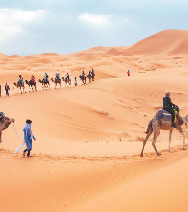 Tourists ride camels across the scenic sand dunes of Merzouga, Morocco.