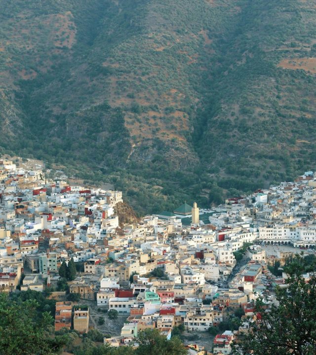 Stunning aerial view of the colorful town of Chefchaouen nestled in lush Moroccan mountains.