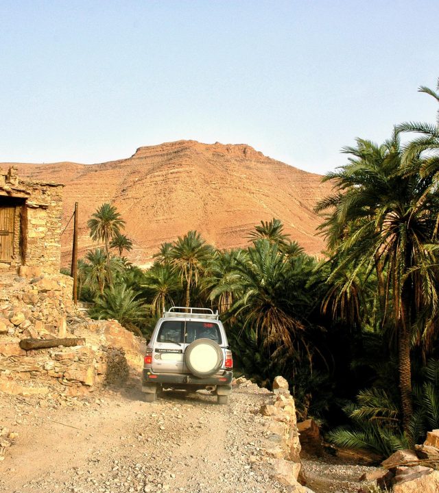 Explore Tamanarte village with an off-road vehicle amidst stunning desert landscapes and lush palm oasis.